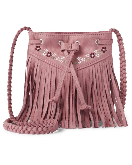 Girls Faux Suede Embroidered Floral Fringe Bag - County Fair