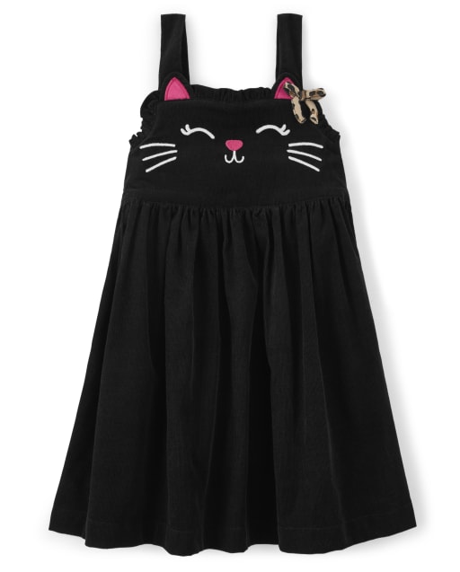 Girls Sleeveless Embroidered Cat Corduroy Jumper - Purrrfect in Pink