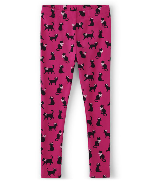 Girls Cat Print Knit Leggings - Purrrfect in Pink
