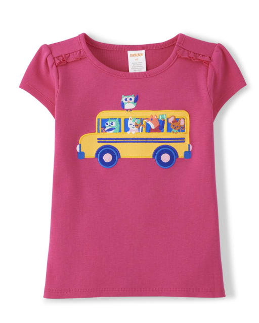Girls Short Sleeve Embroidered School Bus Ruffle Top - Future Artist