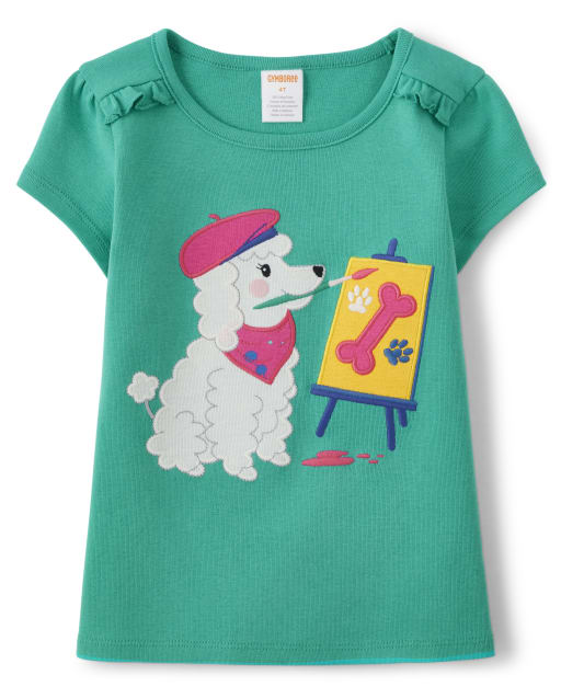 Girls Short Sleeve Embroidered Dog Ruffle Top - Future Artist