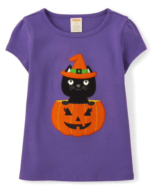 Girls Short Sleeve Embroidered Cat Top - Trick or Treat