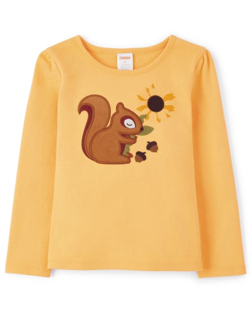Girls Long Sleeve Embroidered Squirrel Top - Autumn Harvest