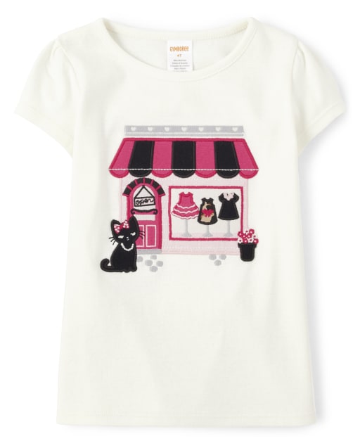 Girls Short Sleeve Embroidered Shop Top - Purrrfect in Pink