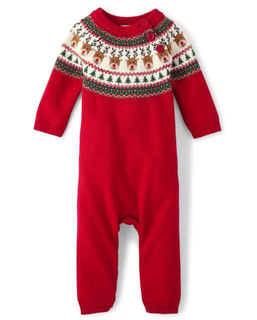 Unisex Long Raglan Sleeve Baby Reindeer Fairisle Sweater Romper - Holiday Express