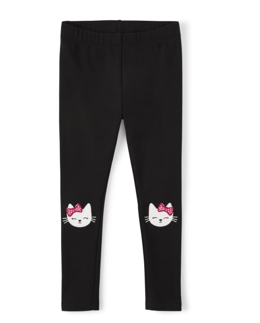 Girls Embroidered Cat Knit Leggings - Purrrfect in Pink