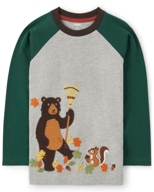 Boys Embroidered Bear Raglan Top - Autumn Harvest