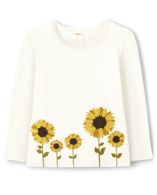 Girls Long Sleeve Embroidered Sunflower Top - Autumn Harvest