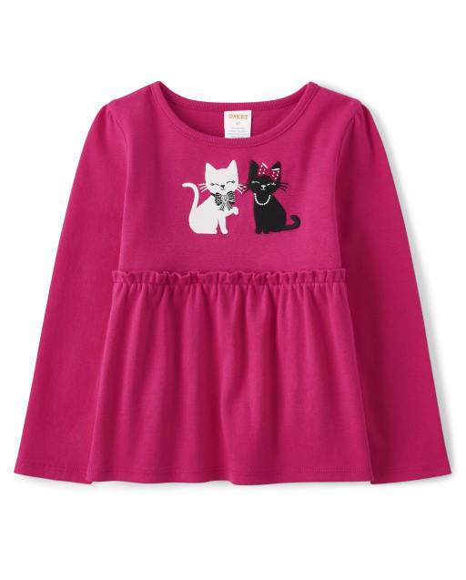 Girls Long Sleeve Embroidered Cat Empire Top - Purrrfect in Pink