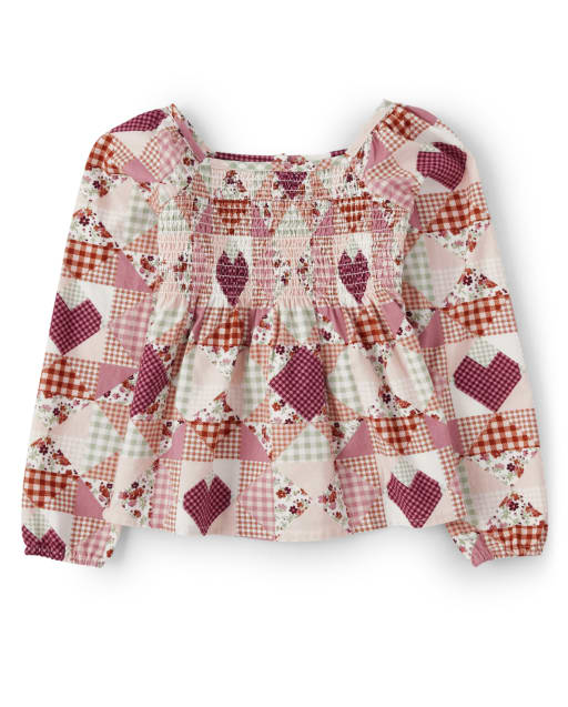 Girls Long Sleeve Smocked Patchwork Top - County Fair