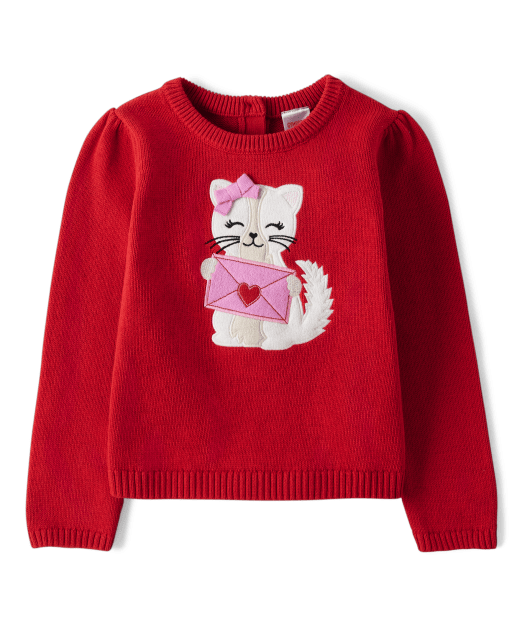 Girls Embroidered Cat Sweater - Valentine Cutie