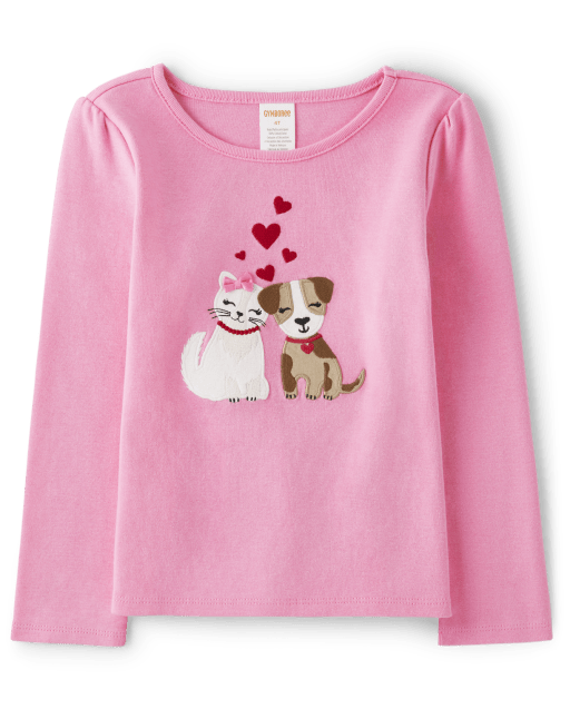 Girls Embroidered Dog And Cat Top - Valentine Cutie