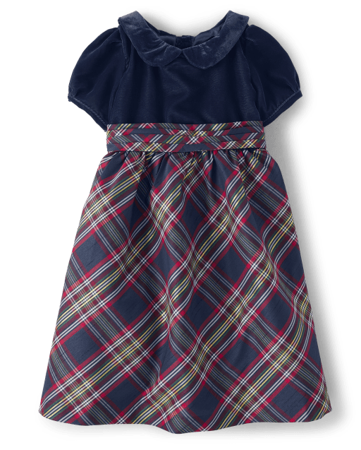 Girls Plaid Knit To Woven Dress - Family Celebrations