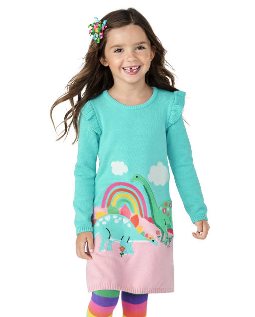 Girls Embroidered Dino Sweater Dress - Dino-Mite - view 1
