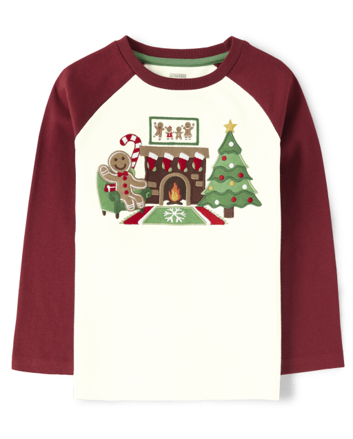 Boys Embroidered Christmas Raglan Top - Gingerbread House
