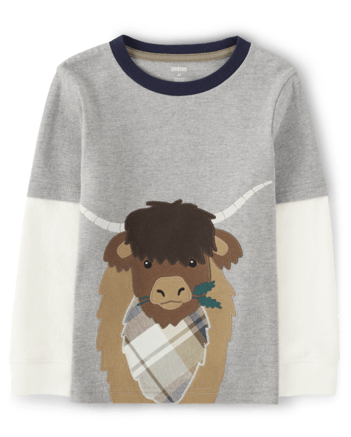Boys Embroidered Cow Layered Top - Little Rocky Mountain