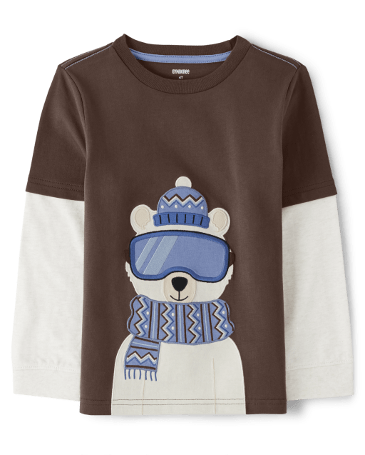 Boys Embroidered Polar Bear Layered Top - Bear Hugs
