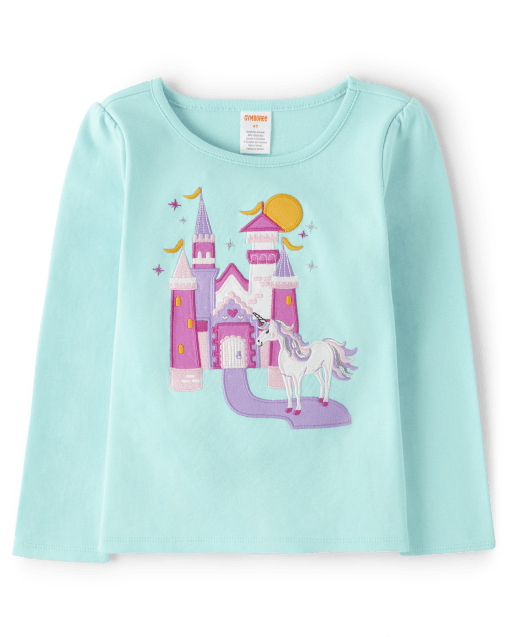 Girls Embroidered Castle Top - Unicorn Princess