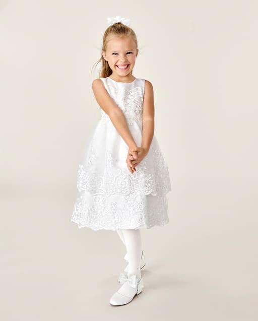 Girls Lace Applique Tiered Dress - Special Occasions