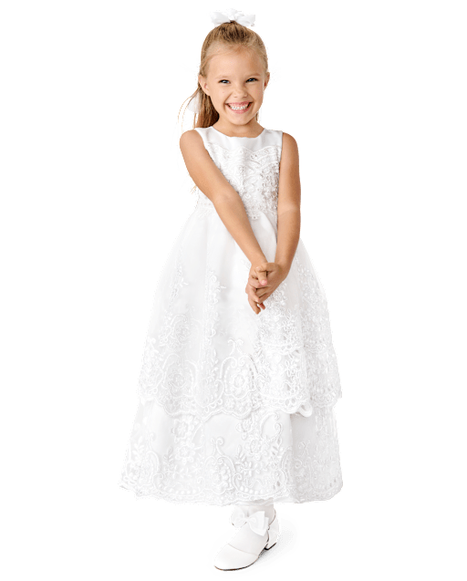 Girls Lace Applique Tiered Dress - Special Occasions