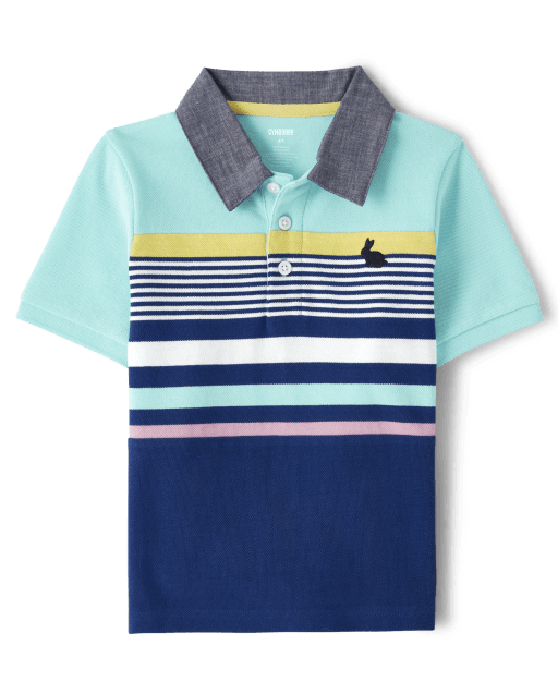 Boys Striped Embroidered Bunny Polo - Spring Celebrations