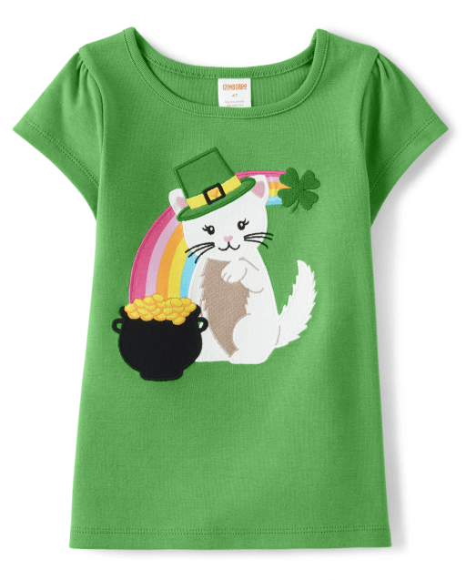 Girls Embroidered Cat Top - Little Leprechaun