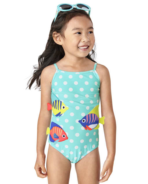 Girls Dot Embroidered Fish One Piece Swimsuit - Splish-Splash