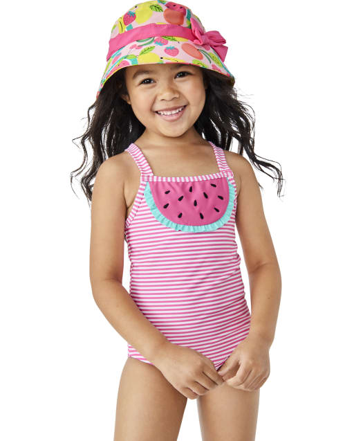 Girls Striped Embroidered Watermelon One Piece Swimsuit - Splish-Splash