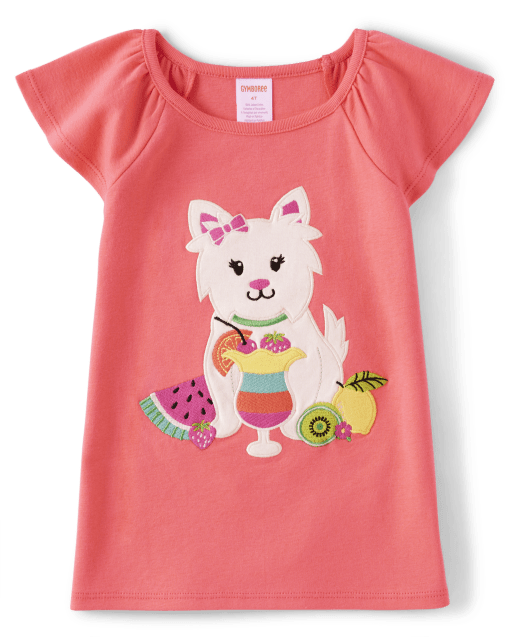 Girls Embroidered Dog Flutter Top - Festive Fruit