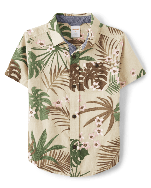 Boys Matching Family Palm Button Up Shirt - Safari