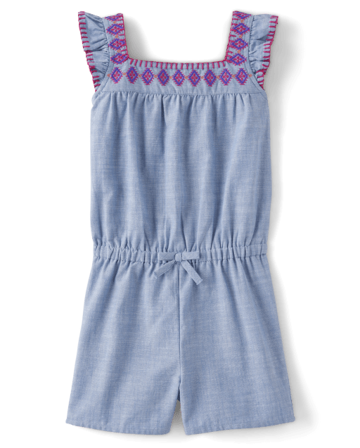 Girls Embroidered Shapes Chambray Romper - Island Spice