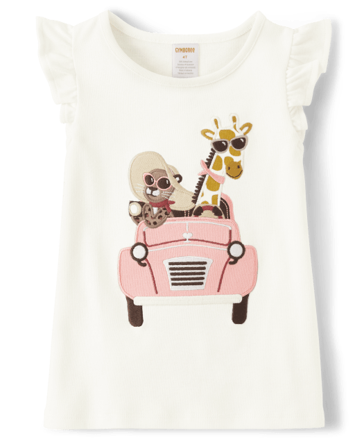 Girls Embroidered Animal Car Top - Safari