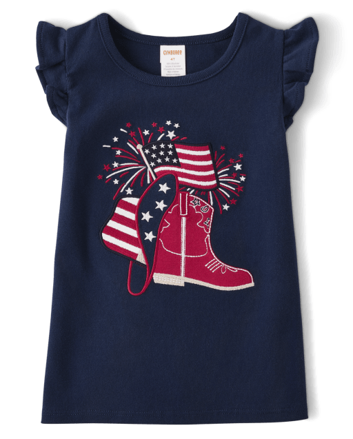 Girls Embroidered Cowgirl Boot Flutter Tank Top - American Cutie