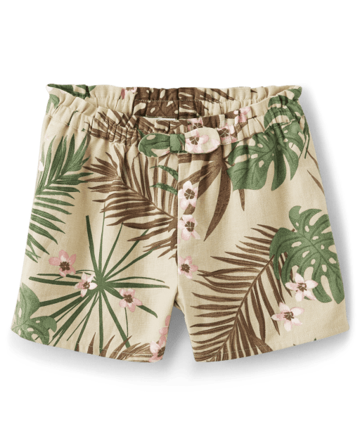 Girls Palm Paper Bag Waist Shorts - Safari
