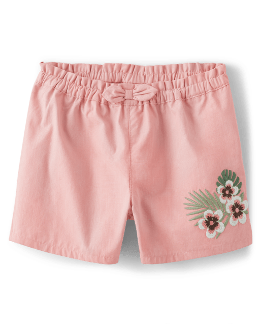 Girls Embroidered Tropical Floral Paperbag Waist Shorts - Safari