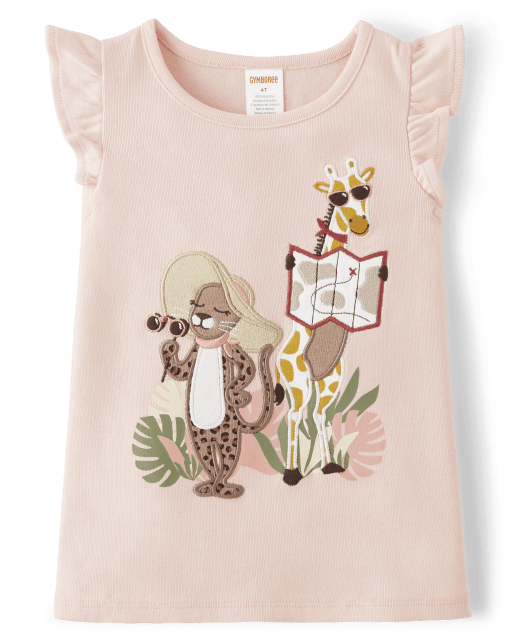 Girls Embroidered Animal Top - Safari
