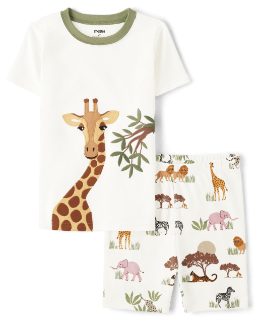 Boys Embroidered Giraffe Cotton 2-Piece Pajamas - Gymmies