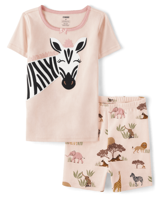 Girls Embroidered Zebra Cotton 2-Piece Pajamas - Gymmies