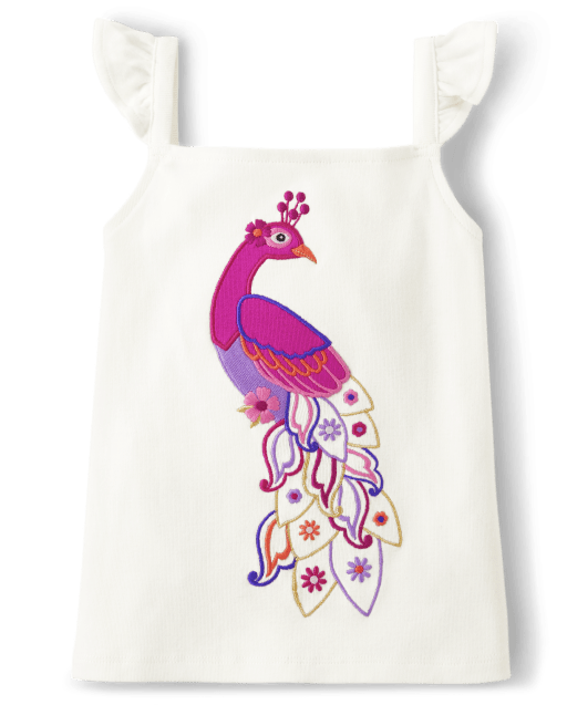 Girls Embroidered Peacock Tank Top - Island Spice