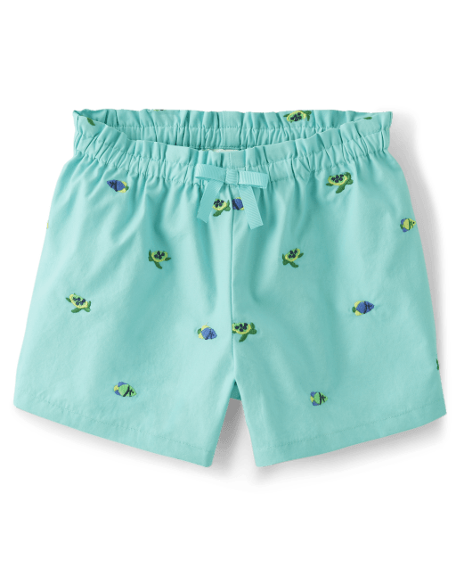 Girls Schiffli Turtle Fish Paper Bag Waist Shorts - Save the Seas