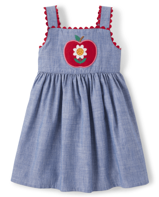 Girls Embroidered Apple Daisy Chambray Jumper - Apple Orchard
