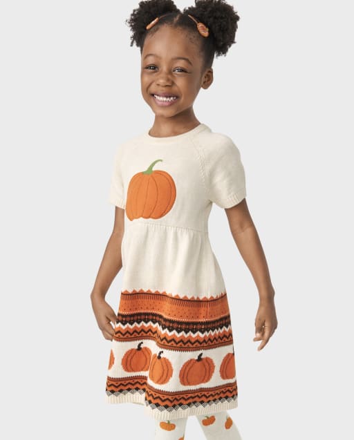 Girls Intarsia Pumpkin Sweater Dress - Lil' Pumpkin