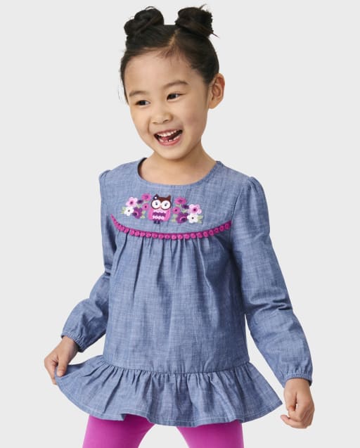 Girls Embroidered Owl Chambray Peplum Top - Magical Meadow