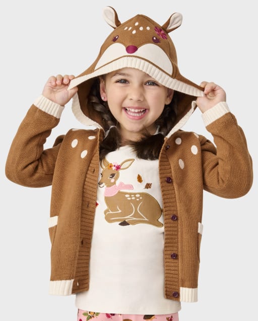 Girls Embroidered Deer Hoodie Cardigan - Enchanted Forest