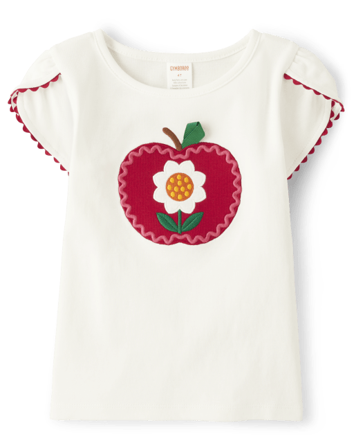 Girls Embroidered Apple Daisy Tulip Top - Apple Orchard