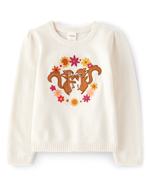 Girls Embroidered Squirrel Sweater - Happy Harvest - view 2