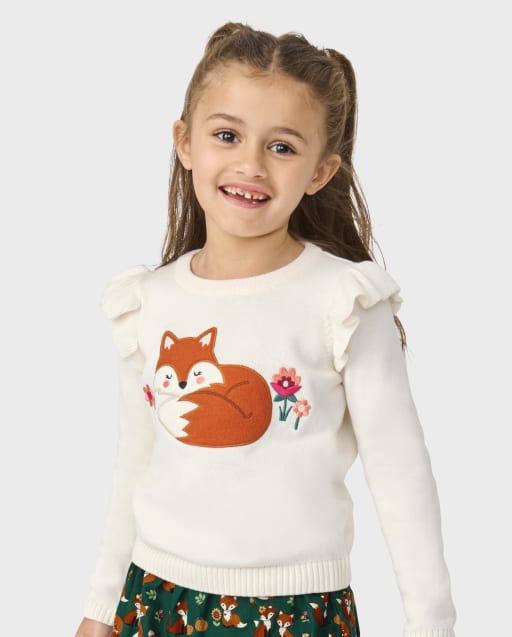 Girls Embroidered Fox Sweater - Friendly Fox