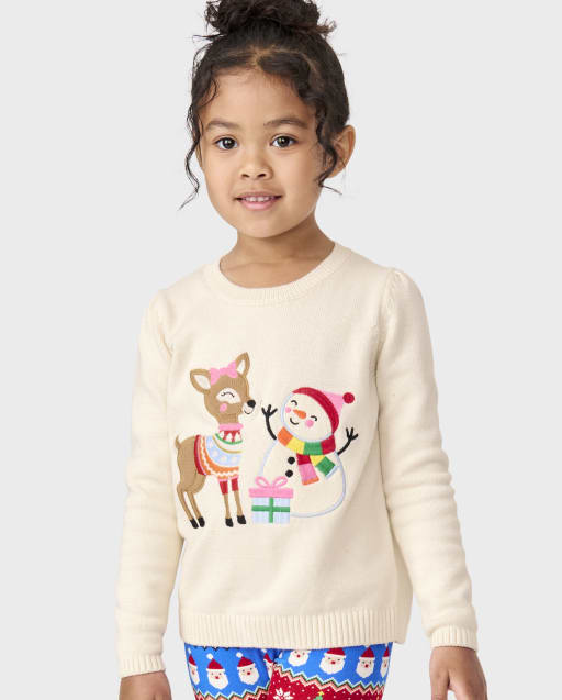 Girls Embroidered Reindeer Snowman Sweater - Very Merry