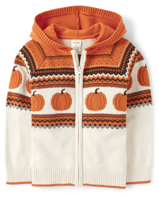 Unisex Intarsia Pumpkin Zip-Up Hoodie Sweater - Lil' Pumpkin