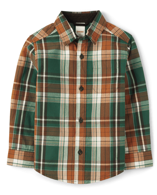 Boys Plaid Poplin Button Up Shirt - Friendly Fox